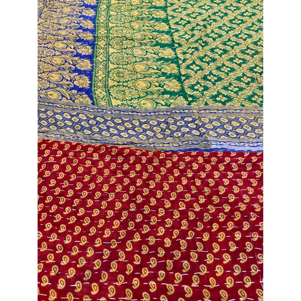 Kantha Quilt Reversible Cotton Twin Throw Blanket Green Blue Red Paisley Floral - Picture 5 of 8
